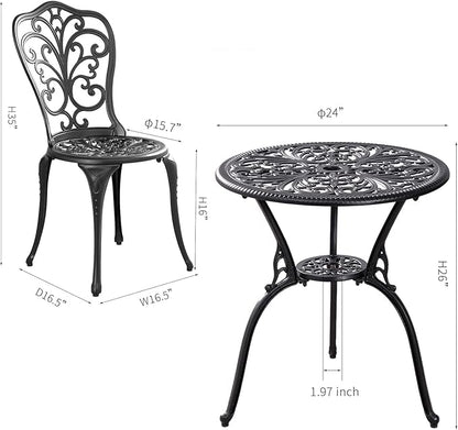 Patio Bistro Set 3 Piece Outdoor,Cast Aluminum Outdoor Bistro Table and Chair Set of 2 with 1.97" Umbrella Hole,All Weather Metal Bistro Table Set for Front Porch Set(Butterfly Black)