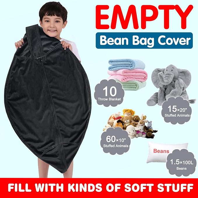 Lukeight Stuffed Animal Storage Bean Bag Chair Cover for Kids, Zipper Beanbag Chair Cover for Organizing Toddler & Kids' Rooms Plush Toys (Black, Large)