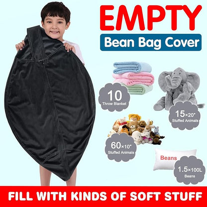 Lukeight Stuffed Animal Storage Bean Bag Chair Cover for Kids, Zipper Beanbag Chair Cover for Organizing Toddler & Kids' Rooms Plush Toys (Black, Large)
