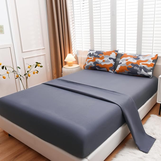 Meeting Story Camouflage Bedding Set, Colorful Pattern Style Comforter Set, 5 PCS One Comforter Two Pillowcases Two Sheets in One Bag, All Season Bedspread for Teens Adults (Orange, Full 5Pcs)