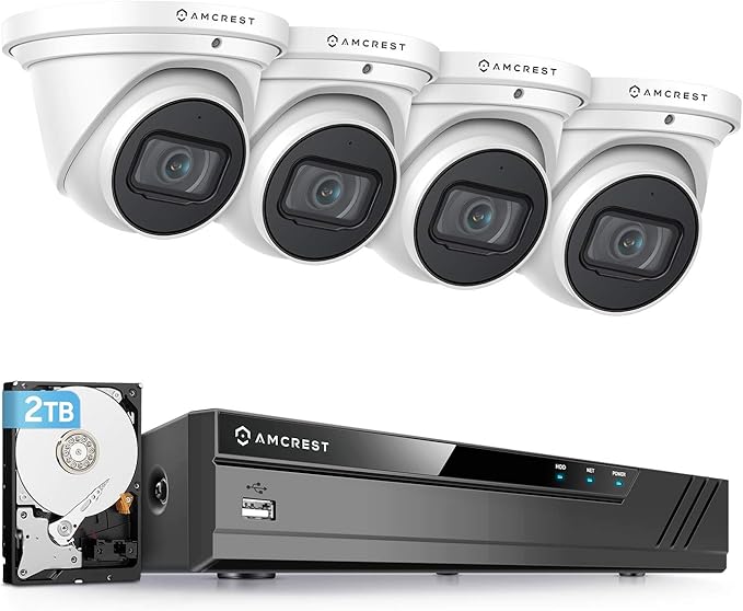 Amcrest 4K POE Security Camera System with 4K 8Ch PoE NVR (4) x 4K (8 Megapixel) Turret IP POE Cameras (3840x2160) Pre Installed 2TB Hard Drive NV4108E-IP8M-T2599EW4-2TB