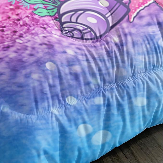 Mermaid Butterfly Comforter Set Queen Size Fairy Tale Sea Shell Grass Bedding Set Colorful Rainbow Quilt Bed Set for Kid Girls with 1 Comforter and 2 Pillowcases