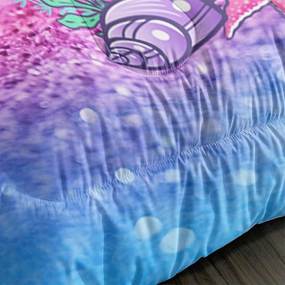Mermaid Butterfly Comforter Set Twin Size Fairy Tale Sea Shell Grass Bedding Set Colorful Rainbow Quilt Bed Set for Kid Girls with 1 Comforter and 2 Pillowcases