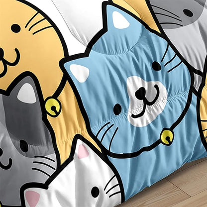 Cat Comforter Twin Size Cartoon Cat Comforter Set Cute Cat Print Bedding Sets for Girls Room Kids Cat Twin Quilt Set, 1 Comforter+1 Pillowcase