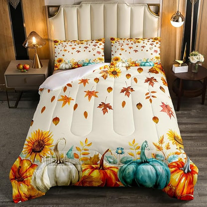 Fall Pumpkin Bedding Set For Home Queen Thanksgiving Harvest Season Fruit Decor Comforter Set Autumn Fall Maple Leaf Quilt Comforter for Kids Teen Adults,Rustic Farm Sunflower Bed Sets 2 Pillow Cases