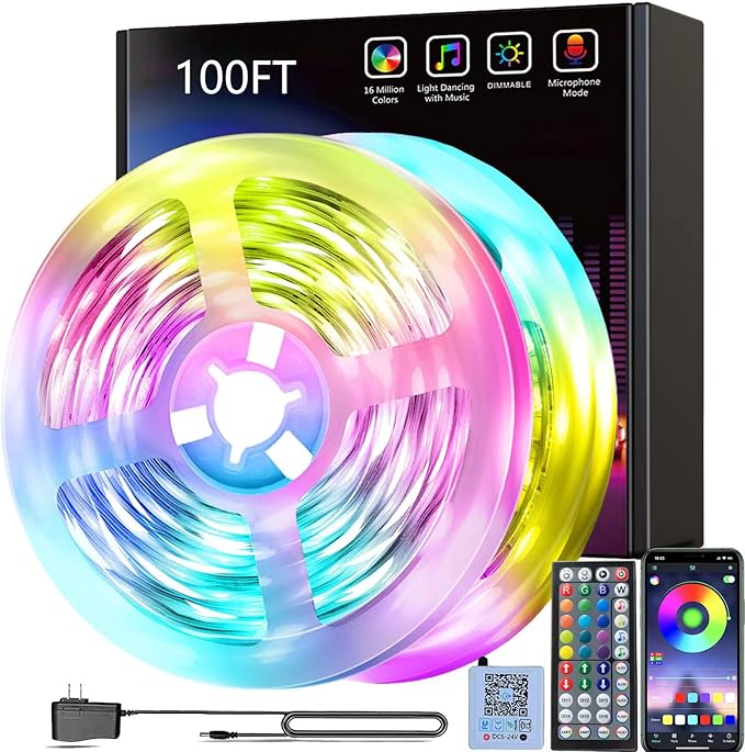 smareal Led Lights for Bedroom 100ft (2 Rolls of 50ft),Led Lights Color Changing Led Strip Lights with App Control, Led Light Strips for Room, Kitchen, Home Decoration