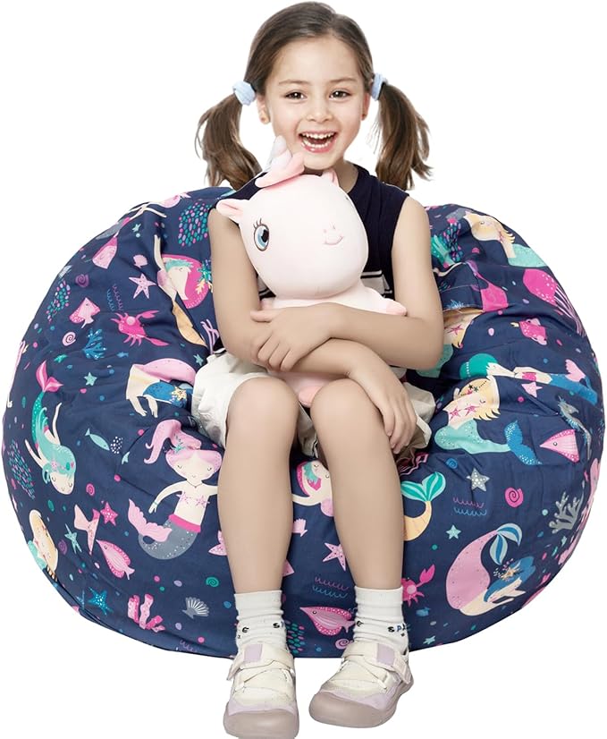 Stuffed Animal Storage Bean Bag Chair Cover, Hold Kids Plush Toys Blankets Towels Beanbag (Cover Only), Canvas Floor Circle Stuff Sit Seat Sofa with YKK Zipper, Large 32",