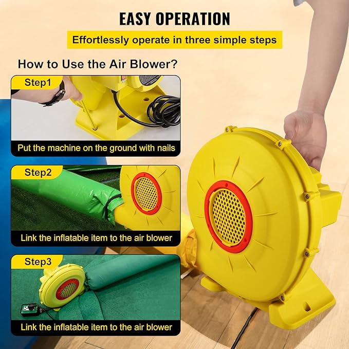 VEVOR Air Blower, 450W 0.6HP Inflatable Blower, Portable and Powerful Bounce House Blower, 1750Pa Commercial Air Blower Pump Fan, Used for Inflatable Bouncy Castle and Jump Slides, Yellow
