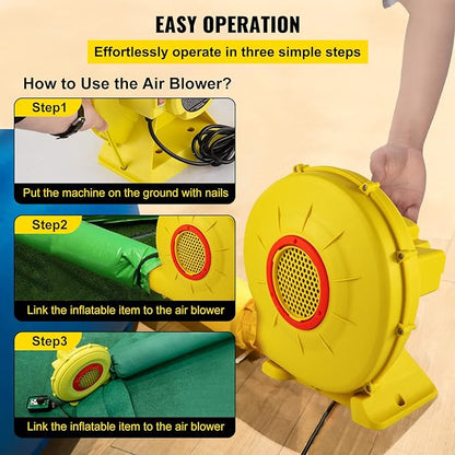 VEVOR Air Blower, 450W 0.6HP Inflatable Blower, Portable and Powerful Bounce House Blower, 1750Pa Commercial Air Blower Pump Fan, Used for Inflatable Bouncy Castle and Jump Slides, Yellow