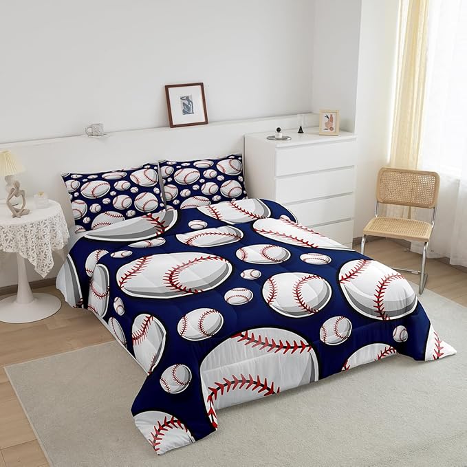 Baseball Bedding Set Sports Theme Comforter Set for Kids Boys Girls Teens 3D Blue Ball Pattern Comforter Breathable Baseball Games Duvet Set Room Decor Quilt Set King Size