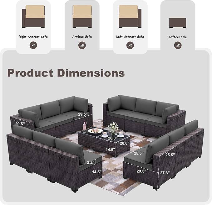 Patio Furniture Set 14-Pieces Outdoor Furniture for Backyard Wicker Sectional Sofa Set, Rattan Patio Conversation Set with Thickened Cushions and Glass Coffee Table, Grey