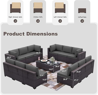 Patio Furniture Set 14-Pieces Outdoor Furniture for Backyard Wicker Sectional Sofa Set, Rattan Patio Conversation Set with Thickened Cushions and Glass Coffee Table, Grey