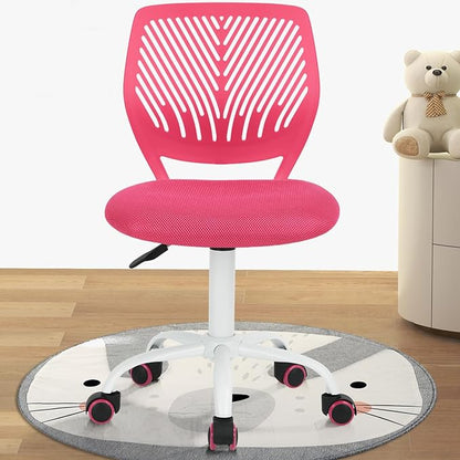 Desk Chair Armless Small Study Chairs Armless for Child Kids Teens, Ergonomic Swivel Rolling Lightweight Task Chair with Wheels and Mesh Padded Cushion, Pink