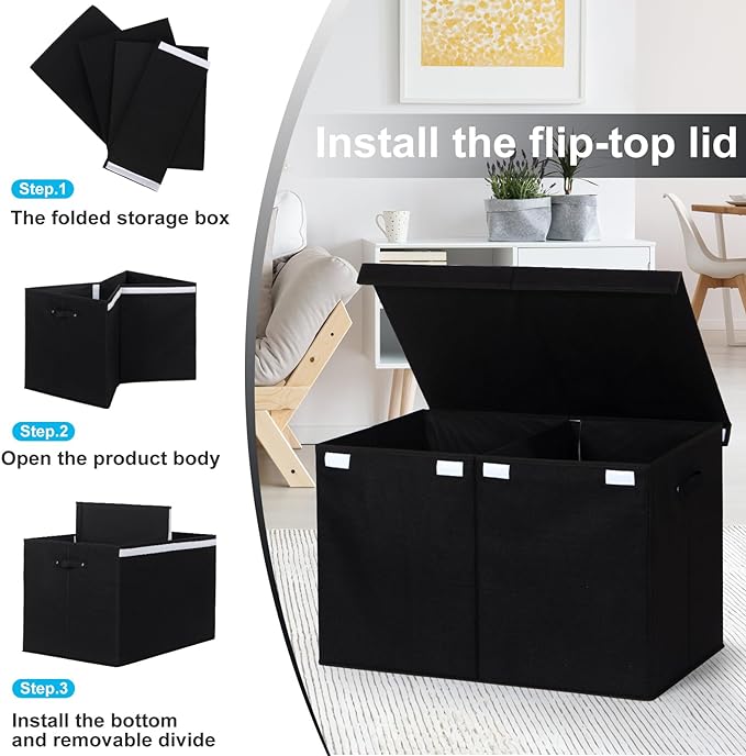 122L Large Toy Box Chest with Lid, Foldable Toy Storage Organizer Bin Boxes with Removable Divider for Kids, Boys, Girls, Nursery, Playroom, 26"x17" x17"(Linen Black)