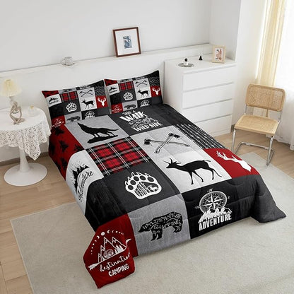 Deer Antler Bear Kids Comforter Set King Size,Plaids Boho Arrows Patchwork Bedding Set for Boys Girls Adults Room Decor,Rustic Adventure Camper Down Comforter,Red Xmas Duvet Insert,2 Pillowcases