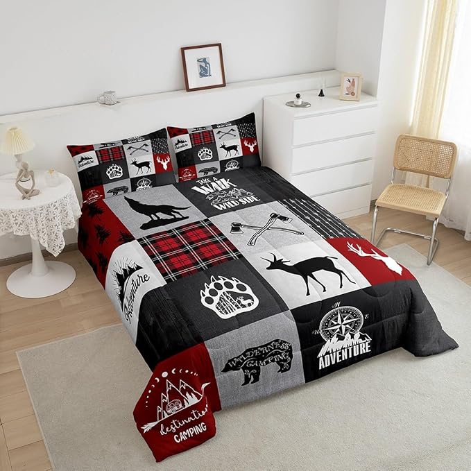 Deer Antler Bear Kids Comforter Set Queen Size,Plaids Boho Arrows Patchwork Bedding Set for Boys Girls Adults Room Decor,Rustic Adventure Camper Down Comforter,Red Xmas Duvet Insert,2 Pillowcases
