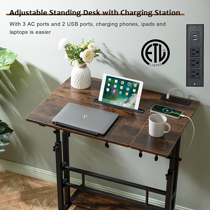 Hadulcet Mobile Standing Desk with Charging Station, Stand Up Laptop Desk Mobile Workstation for Home Office Classroom with Wheels, 31.49 x 23.6 in Rustic Brown