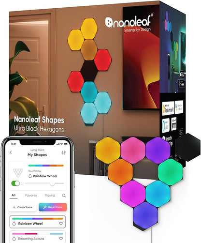 Nanoleaf Shapes WiFi and Thread Smart RGBW 16M+ Color LED Dimmable Gaming and Home Decor Wall Lights Smarter Kits (Black Hexagons Smarter Kit (9 Pack))