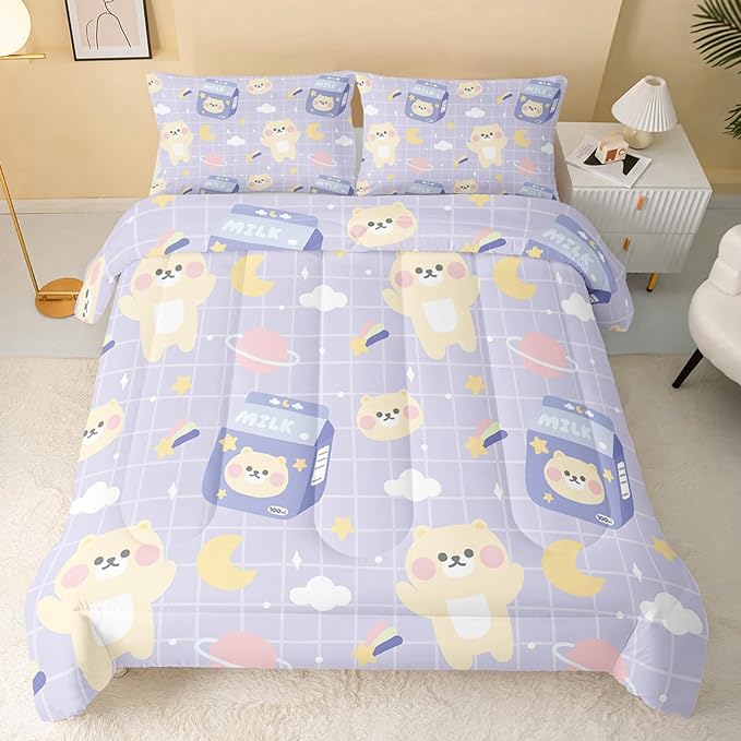 Kawaii Bear Comforter Queen Size,Cartoon Bear Comforter Set for Kids Teens Girls,3Pcs Bedding Set Printed Comforter with 2 Pillowcases,Down Alternative,Soft and Lightweight(Purple，Queen Size)
