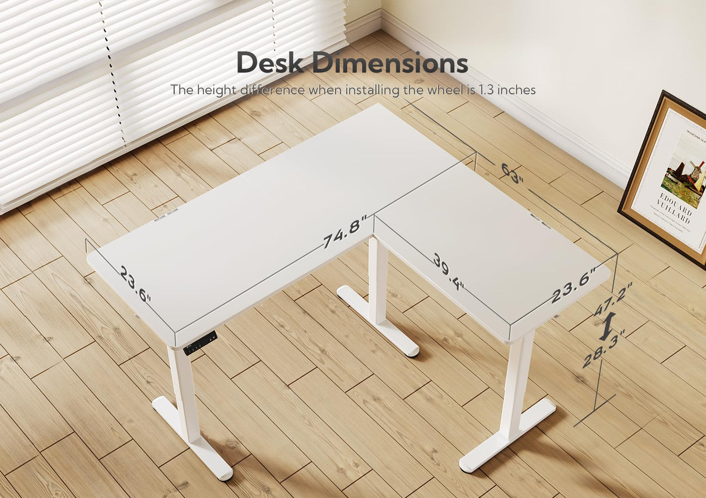 Claiks L Shaped Standing Desk Adjustable Height, Dual Motor Electric Corner Standing Desk, 63x55 inch Sit Stand up Desk with Splice Board, White