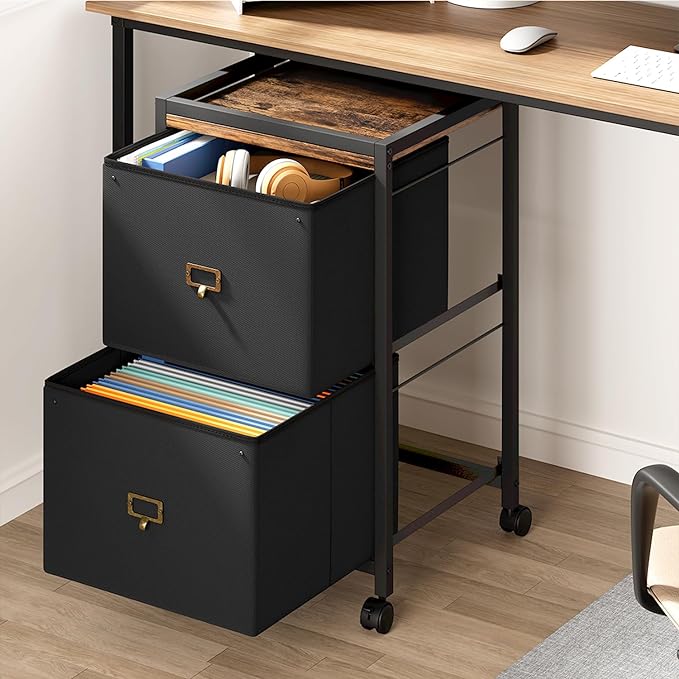 File Cabinet with 2 Drawers, Mobile Filing Cabinet Fits Letter Size or A4, Fabric Vertical File Cabinet on Wheels, File Cabinet for Home Office, Small Under Desk Storage Cabinet, Black