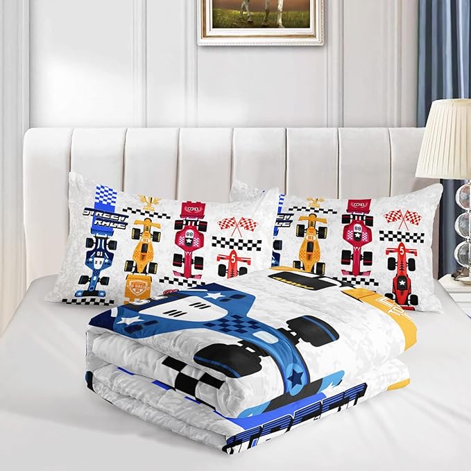 Axolotl Racing Car Comforter Set Twin Size,Colorful Sports Car Bedding Set for Kids Boys Teen Adult,Extreme Speed Race Bedding Sets Car Theme Bedroom Decor with 1 Comforter and 2 Pillowcases