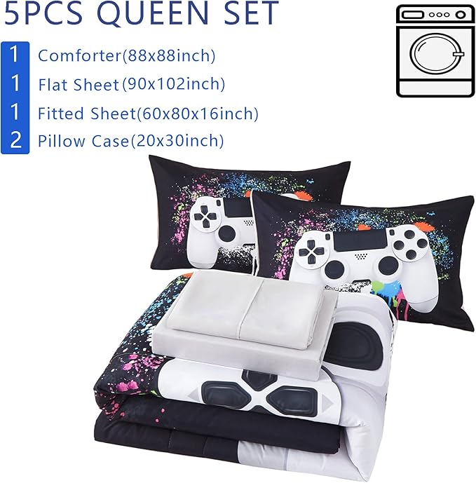 KAKKI 5 Piece Boys Queen Gamer Comforter Set with Sheets, 3D Colorful Video Game Controller Comforter for Kids Teen, All Season Soft Microfiber Gaming Bedding Set(White,Queen)