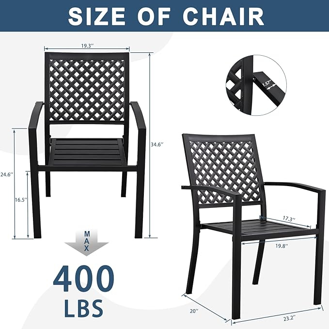 3 Piece Iron Bistro Set Stackable Outdoor Patio Furniture Set with 2 Large Comfortable Porch Chairs and Metal Coffee Table, Black