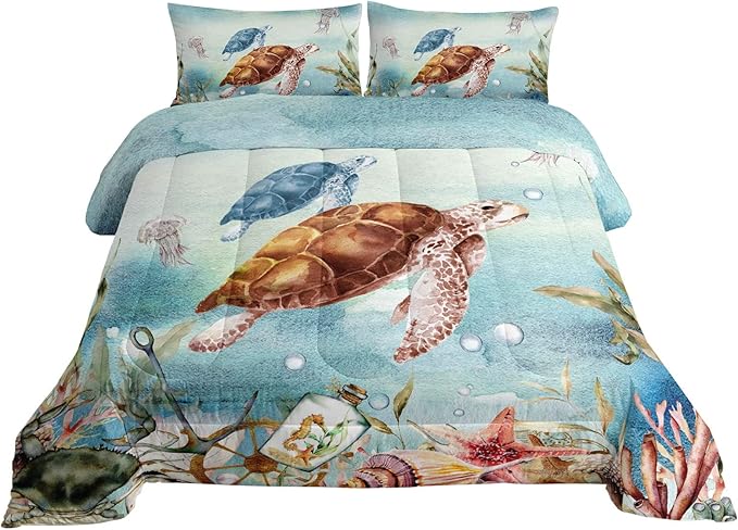 Datura home Sea Turtle Bedding Comforter Set for Boys Girls Teens Children Adults,Watercolor Sea Creatures Blue Ocean Theme Bedding Set with 1 Comforter and 2 Pillowcases(Turtle Twin) Blue Turtle