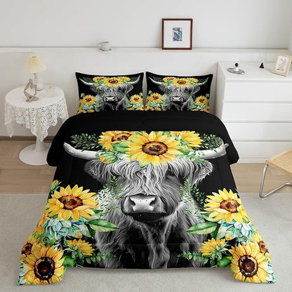 Highland Cow Bedding Set Kids Sunflower Floral Western Cow Bull Comforter Set for Girls Teens Farmhouse Wildlife Animal Comforter Black Duvet Set Room Decor Quilt Set Full Size