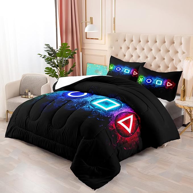 Gamer Comforter Sets for Boys, Video Gaming Comforter Set Full Size, Cool Black Gamer Gamepad Bedding Sets for Boys Kids Playroom Decor, 1 Comforter and 2 Pillowcases