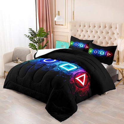 Gamer Comforter Sets for Boys, Video Gaming Comforter Set Full Size, Cool Black Gamer Gamepad Bedding Sets for Boys Kids Playroom Decor, 1 Comforter and 2 Pillowcases