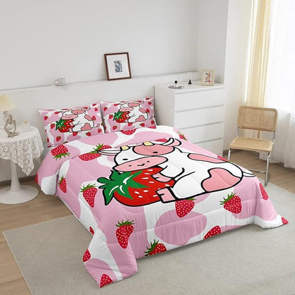 Feelyou Milk Cow Comforter Pink White Cow Strawberry Pattern Comforter Set Bedding Set for Kids Adults Kawaii Girls Milk Cow Print Duvet Set Ultra Soft Room Decor Full Size Quilt Set