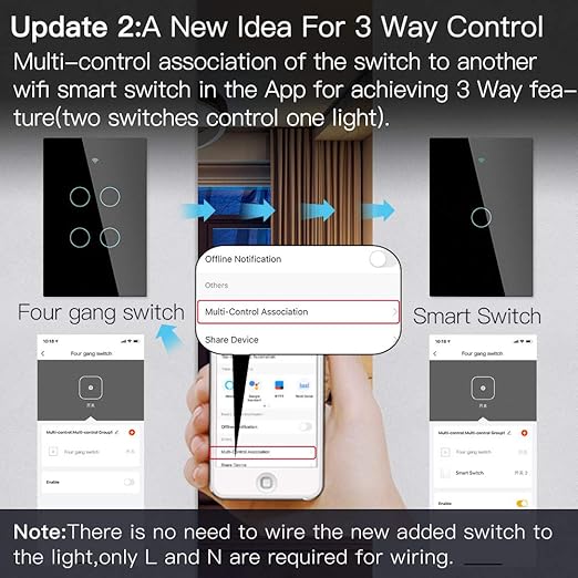 MOES 2.4GHz WiFi Wall Touch Smart Switch Neutral Wire Required, 3 Way Multi-Control, Glass Panel Light Switch Work with Smart Life/Tuya App, RF433 Remote Control, Alexa and Google Home Black 2 Gang