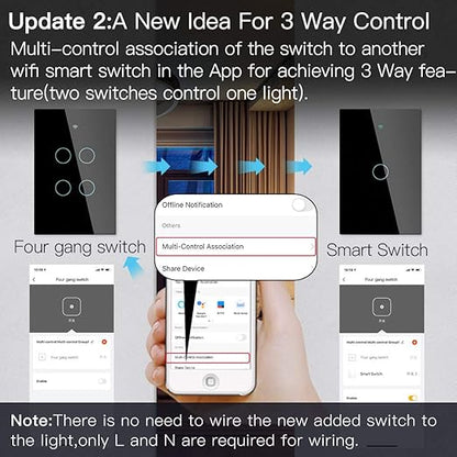 MOES 2.4GHz WiFi Wall Touch Smart Switch Neutral Wire Required, 3 Way Multi-Control, Glass Panel Light Switch Work with Smart Life/Tuya App, RF433 Remote Control, Alexa and Google Home Black 2 Gang