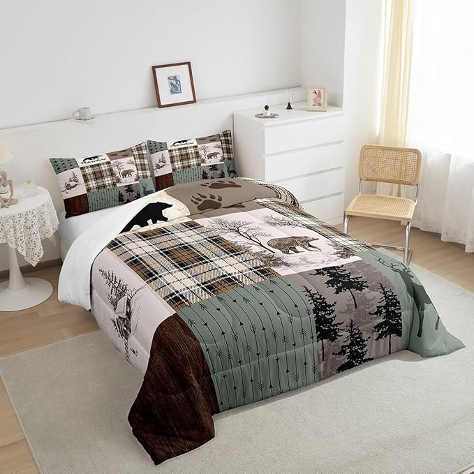 Rustic Farmhouse Kids Comforter Set Full Size,Deer Antlers Bear Paws Plaids Patchwork Bedding Set for Boys Girls Adults Room Decor,Pine Trees Arrows Down Comforter,Xmas Duvet Insert,2 Pillowcases