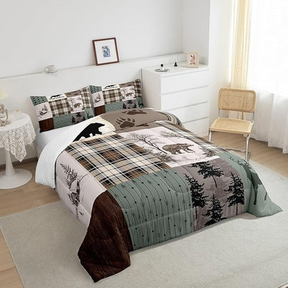 Rustic Farmhouse Kids Comforter Set Full Size,Deer Antlers Bear Paws Plaids Patchwork Bedding Set for Boys Girls Adults Room Decor,Pine Trees Arrows Down Comforter,Xmas Duvet Insert,2 Pillowcases