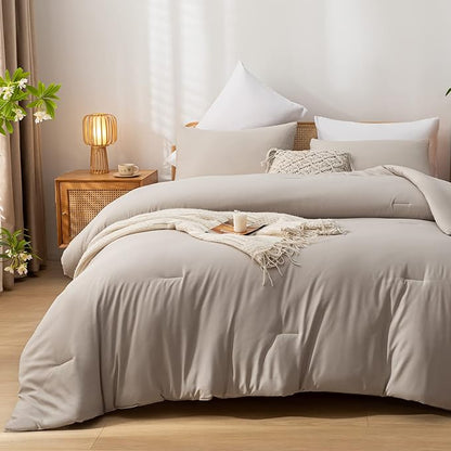 King Comforter Set Tannish Grey Solid Color Lightweight Bedding Comforter Sets 3pcs (1 Comforter, 2 Pillowcases) Soft Microfiber Down Alternative Comforter for All Season