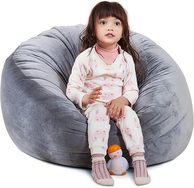Bean Bag Chair Cover, Stuffed Animal Storage, Plush Toys Organizer Holder, Beanbag Chairs Cover for Kids Teans and Adults Super Soft and Comfortable Fabric X-Large with Handle and Zipper -Round Grey