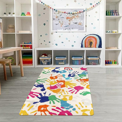 Handprints and Footprints Kids Rug for Playroom, 3'x5' Washable Colorful Nursery Rug for Boys and Girls Room, Ultra Soft Non-Slip Carpet Indoor Mat for Classroom Bedroom