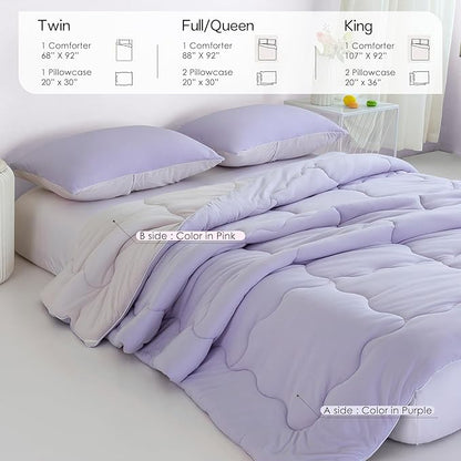 COTTEBED Reversible Ultra-Soft Light Pink and Purple Comforter Set Queen Full Size, Jersey Knit T-Shirt Feel Cute Fluffy Lightweight Bedding Down Blanket Quilt Pillowcase for Man Women Girl All Season
