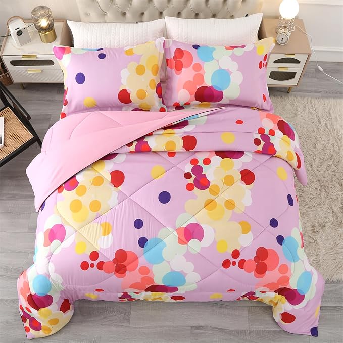 ENCOFT Pink Twin Comforter Set for Girls 3 Piece Colorful Bubbles Bedding Set Color Comfortable and Breathable for Teens and Adults All season with 1 Comforter and 2 Pillowcases