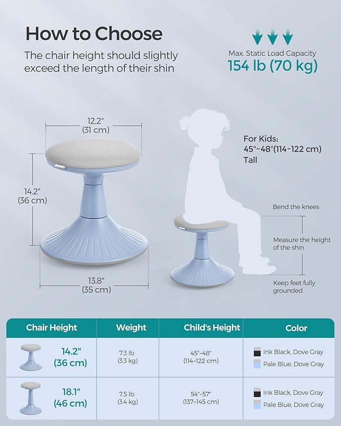 SONGMICS Kids Wobble Chair, Wiggle Stool for Kids Ages 5-8, Comfortable 60D Foam Seat, Breathable Fabric, Anti-Slip Base, 14.2-Inch High, Tool-Free Assembly, Pale Blue and Dove Gray UOSC009Q01