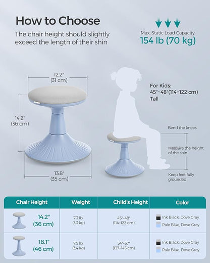 SONGMICS Kids Wobble Chair, Wiggle Stool for Kids Ages 5-8, Comfortable 60D Foam Seat, Breathable Fabric, Anti-Slip Base, 14.2-Inch High, Tool-Free Assembly, Pale Blue and Dove Gray UOSC009Q01
