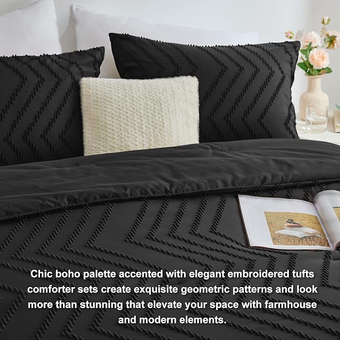 CozyLux California King Size Comforter Set Black - 3 Pieces Cal King Boho Tufted Shabby Chic Bedding Comforter Set for All Seasons, Chevron Bedding Sets with Comforter & 2 Pillow Shams