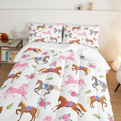 HOSIMA Kawaii Pink Rose Horse King Size Comforter Set,Cute Animal Horse Bedding Girls Teens Aesthetic Room Decor,Princess Toddler Bedding Set Cowboy Cowgirl Colorful Pony Comforter.