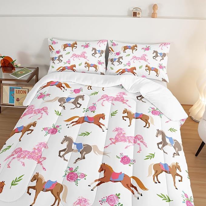 HOSIMA Kawaii Pink Rose Horse Full Size Comforter Sets,Cute Animal Horse Bedding Girls Teens Aesthetic Room Decor,Princess Toddler Bedding Set Cowboy Cowgirl Colorful Pony Full Size Bed in a Bag.