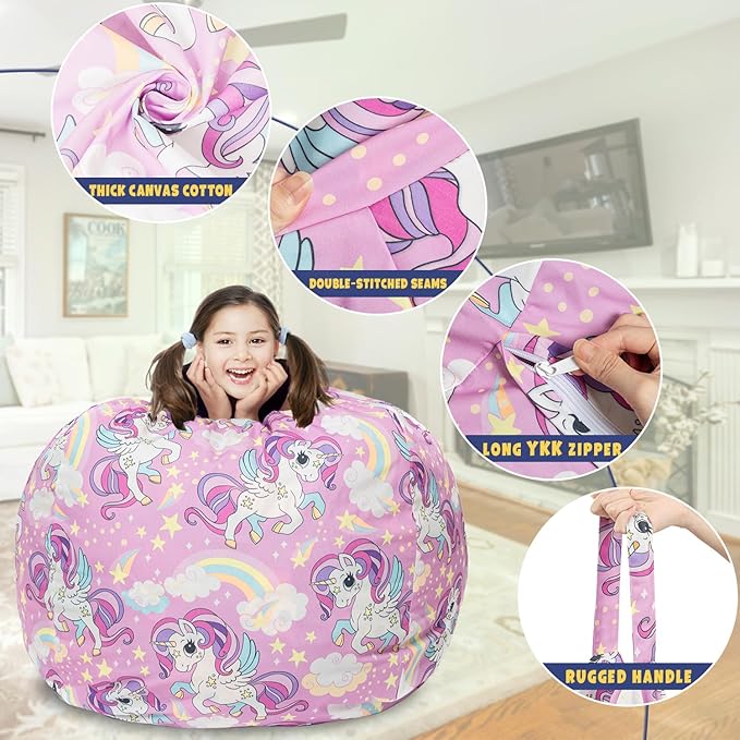 Stuffed Animal Storage Bean Bag Chair Cover, Hold Kids Plush Toys Blankets Towels Beanbag (Cover Only), Canvas Floor Circle Stuff Sit Seat Sofa with YKK Zipper, Large 32", Unicorn