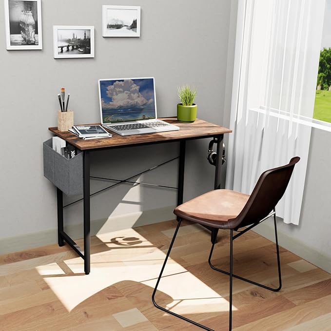 Small Computer Desk, 39 Inch Home Office Desks, Study Workstation PC Laptop Table with Storage Bag, Modern Simple Industrial Style Writing Desks
