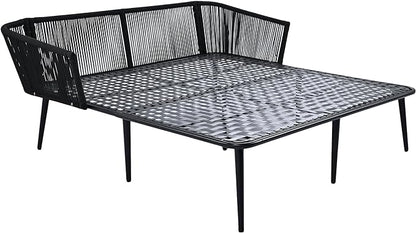 Patio Daybed Set for 2, Outdoor Furniture All-Weather Sofa Sunbed with Adjustable Iron Feet, Woven Nylon Rope Backrest, Washable Cushions and Pillows, for Balcony, Poolside, Gray